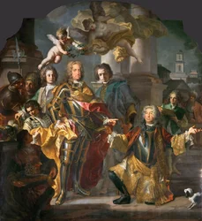 Cesarz Karol VI (1685-1740) i hrabia Michael Johann von Althann (1679-1722) (przekazanie Karolowi inwentarza obrazów w Stallburgu w Wiedniu) - Johann Gottfried Auerbach (1697-1753). olej na płótnie