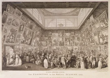 Widok wnętrza Somerset House z wystawą Królewskiej Akademii Sztuk w 1787 r.