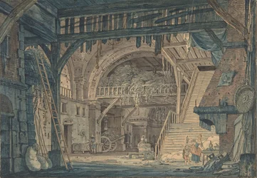 Scenografia starożytnej rzymskiej ruiny przekształconej w stodołę, koniec XVIII-połowa XIX wieku.
