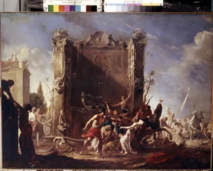 Gwałt kobiet Sabine. Obraz Johanna Heinricha Schoenfelda (1609-1684). Olej na płótnie, 98,5 x 134 cm, ok. 1630-1640. Sztuka niemiecka, sztuka barokowa. Muzeum Ermitażu w Sankt Petersburgu.