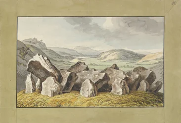 Prehistoryczny kamienny krąg na kopcu, rozległy krajobraz za nim, połowa XVIII – początek XIX w.