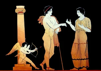 Eros celujący jedną ze swoich strzał w młodą parę rozmawiającą ok. 1796 r. (Grawerowanie blachy miedzianej)