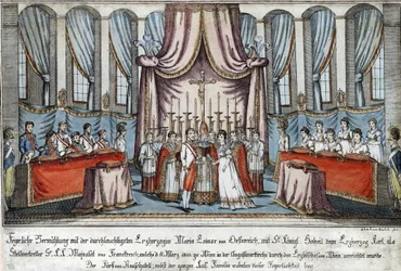 Marie-Louise poślubiła Napoleona przez pełnomocnika w Wiedniu, z arcyksięciem Karolem za Napoleona - Loeschenkohl, Johann Hieronymus (1753-1807) - 1810 - Akwaforta, akwarela - 33,4x44,5 - Kolekcja prywatna