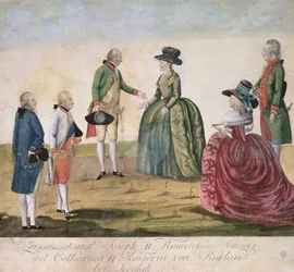 Spotkanie Józefa II (1741-90) z cesarzową Katarzyną Wielką (1729-96) w Koidaku, 18 maja 1787 (kolorowy miedzioryt)