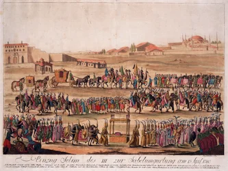 Wejście sułtana Selima III (1761-1808) do Opasania szabli 13 kwietnia 1789 - Loeschenkohl, Johann Hieronymus (1753-1807) - 1789 - Akwaforta, akwarela - 38,6x50,2 - Zbiory prywatne
