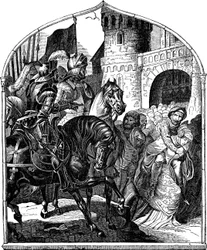 Oblężenie zamku Weinsbergs i lojalne kobiety 1140 Ilustracja z historii narodu niemieckiego autorstwa E. Dullera, 1840