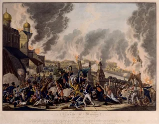 Spalenie Moskwy 15 września 1812 r. Wielka Armia (Francja) zaatakowała rosyjskie miasto (Wojny Napoleońskie