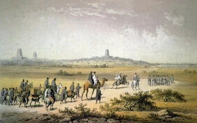 Heinrich Barth zbliża się do Timbuktu, ok. 1860 r. (litografia)
