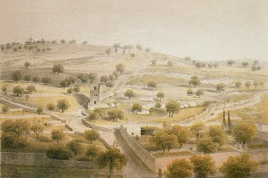 Getsemani, Góra Oliwna. Akwaforta Bernatza et alii - Steinkopk J.F. Editore