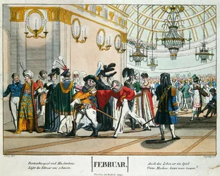 Bal maskowy podczas zapustów, ilustracja kalendarzowa na luty, wydano w Norymberdze, około 1830