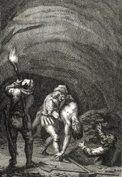Śmierć Wilhelma II Holenderskiego zabitego przez Fryzów, którzy potajemnie zakopali go pod podłogą domu Rycina Johanna Michaela Mettenleitera (1765-1853) 1800 Zbiory prywatne