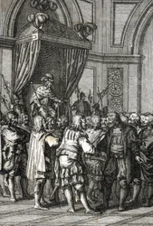 Przedstawienie Wilhelma I (lub Wilhelma II, hrabiego Holandii) (1227-1256) w 1255 r. (Hrabia Willem II z Holandii nadający przywileje) Rycina autorstwa Johanna Michaela Mettenleitera (1765-1853) 1800 Kolekcja prywatna