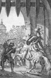 Wprowadzony do Rzymu przez Henryka VII Luksemburskiego (1275-1313) w 1312 r. (Henryk VII, Święty Cesarz Rzymski, gdy wkroczył do Rzymu w celu koronacji na cesarza 1312 r.) Rycina Johanna Michaela Mettenleitera (1765-1853) 1800 Kolekcja prywatna