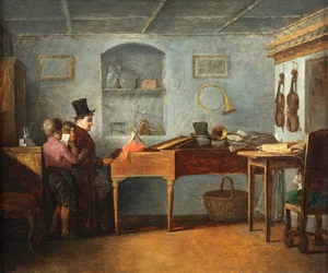 Nauczycielka wraz z chłopcami śpiewającymi płasko przy fortepianie Johann Michael Neder