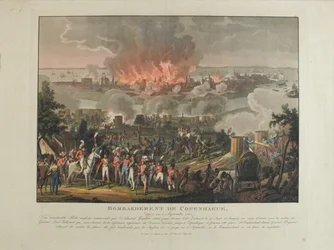 Bombardowanie Kopenhagi, 2-5 września 1807 r., akwatinta barwna wg J. Laurenta Rugendasa, wyd. J. Laurent Rugendas, Augsburg, 1807 r.