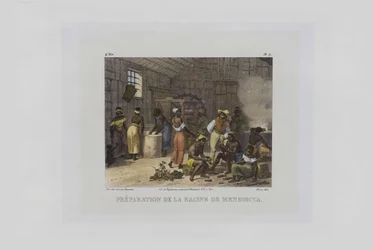 Przygotowanie korzeni mandioki. Z Malowniczych Podróży w Brazylii, 1830-1835.