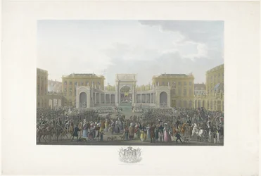 Intronizacja Wilhelma I w Brukseli 21 września 1815 Dwanaście plansz przedstawiających przybycie i intronizację Wilhelma I w Brukseli oraz bitwy pod Quatre-Bras i Waterloo w 1815 roku (tytuł serii)