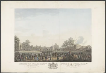 Przybycie Wilhelma I do Brukseli 30 marca 1815 / Entrée de Guillaume 1er dans la Ville de Bruxelles, le 30th Mars 1815 (tytuł na obiekcie) Dwanaście tabliczek z przybyciem i inauguracją Wilhelma I w Brukseli oraz bitwami pod Quatre-Bras