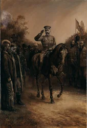 Generał lord Kitchener salutuje, przejeżdżając konno obok przywódców burskich, którzy stoją i zdejmują kapelusze, 1902