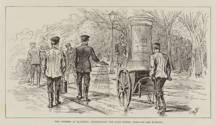 Cholera w Hamburgu, dezynfekująca drogę, po której jeżdżą tramwaje