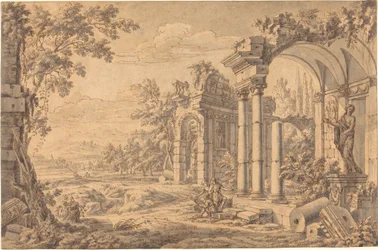 Krajobraz z rysownikiem wśród starożytnych ruin