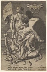 Fiducia, siedząca kobieta trzymająca księgę i sztandar, odwracając głowę od gołego..., 1579.
