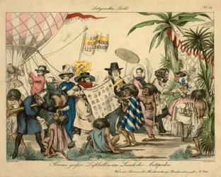 Balon na ogrzane powietrze Greena na Antypodach, ok. 1840 r. (ręcznie barwiona akwaforta)