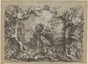 Anioł niosący Habakuka za włosy, otoczony wyszukaną rokokową ramą, ok. 1750 r. (rysunek piórkiem i tuszem)