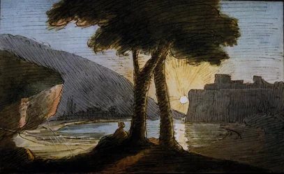 Zachód słońca nad rzymskimi ruinami. Akwarela Johanna Wolfganga von Goethego (1749-1832). Początek XIX wieku