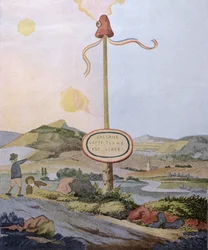 „Wędrowcy, ta ziemia jest wolna”, słup wolności na granicy francusko-luksemburskiej nad Mozelą, reprodukcja oryginalnej akwareli wykonanej w 1792 roku, ok. 1847