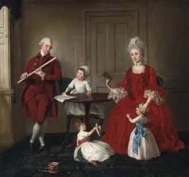 Rokoko: Portret pana i pani James Blew i ich troje dzieci w eleganckim wnętrzu, autorstwa Johanna Zoffany (Zauffelij) (1733-1810). 1660-1670, olej na płótnie, 75x80,3. Prywatna kolekcja