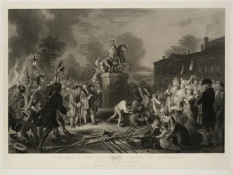 Obalanie Statuy Jerzego III przez Synów Wolności, w Bowling Green, miasto Nowy Jork, lipiec 1770, rytowane przez Johna C. McRae, po 1853 r.