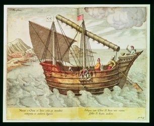 Chińska dżonka, ilustracja z „Jan Huyghen van Linschoten, Jego dyskurs podróży do Indii Wschodnich i Zachodnich”, 1579-92 (rycina)