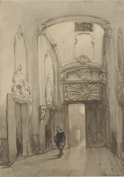Rokokowy portal w ratuszu w Hadze z mężczyzną w XVII-wiecznym stroju