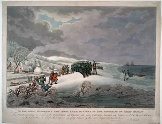 Przybycie Rezolucji i Odkrycia na wschodnie wybrzeże Kamczatki pod dowództwem kapitanów Charlesa Clerke (1740-1779) i Johna Gore