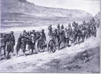 Bateria dział polowych w drodze do Izon, ilustracja z Cassells History of the rosyjsko-japońskiej wojny, tom 1, ok. 1900