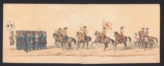 Procesja historyczna studentów Uniwersytetu Nauk Stosowanych w Groningen, 1850 (tablica 1) Kostium przedstawiający wejście Maurytów, księcia Orańskiego, hrabiego Nassau itp. oraz Willema Lodewijka, hrabiego Nassau, w Groningen w roku 1594, autorstwa H.H.