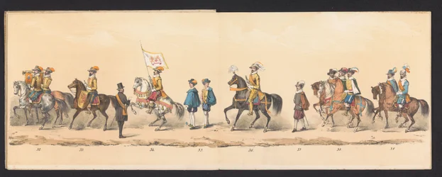 Procesja historyczna studentów Uniwersytetu Nauk Stosowanych w Groningen, 1850 (tablica 5) Kostium przedstawiający wejście Maurytów, księcia Orańskiego, hrabiego Nassau itp. oraz Willema Lodewijka, hrabiego Nassau, w Groningen w roku 1594, autorstwa H.H.