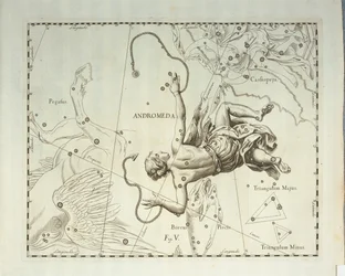 Borealna konstelacja Andromedy, rycina z atlasu nieba Firmamentum Sobiescianum sive Uronographia, autorstwa Jana Heweliusza (1611-1687), Gdańsk