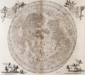 Pierwsza szczegółowa mapa Księżyca sporządzona w 1647 r. przez Jana Heweliusza, odbitka zaczerpnięta z atlasu niebieskiego Jana Heweliusza (1611-1687) Selenographia sive Lunae descriptio, Gdańsk