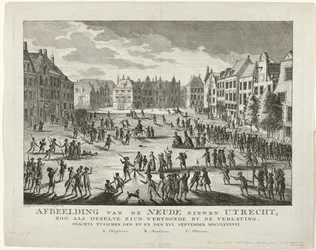 Patrioci opuszczają Neude w Utrechcie, 1787 Przedstawienie Neude w Utrechcie, tak jak wyglądało, gdy zostało opuszczone w nocy między XV. i XVI. Wrzesień MDCCLXXXVII (tytuł na obiekcie)