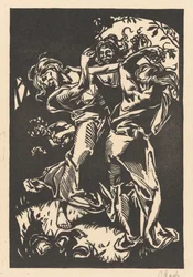 Tańczące kobiety z kiściami winogron i satyr
