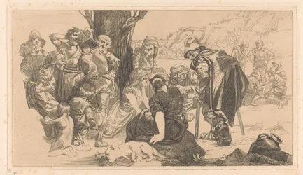 Mężczyźni, kobiety i dzieci przy drzewie