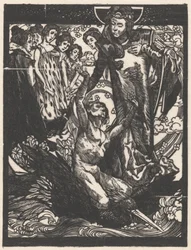 Kobiece postacie z mężczyzną na grzbiecie ptaka