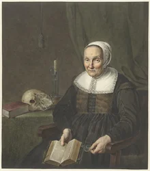 Portret siedzącej staruszki z otwartą książką