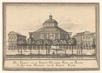 Widok na Nowy Holenderski Kościół Batavia Widok z Groote Hollandse Kerk do Batavia Te Sien z drugiej strony Groote Revier (tytuł na obiekcie)