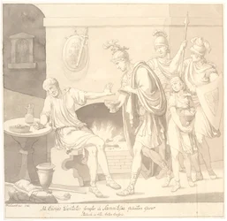 „M. Curius Dantatus foragter de Samnitiske Gesanters Gaver./ Plutach: in vita. Katon cenzor”.