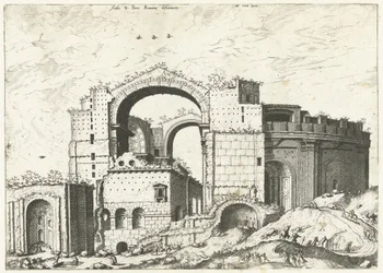 Gezicht op de Sint Pieter w Rzymie Deformacja Aedis D. Peter Romana (tytuł na obiekcie) Ruiny rzymskie, 1561 (tytuł serii)