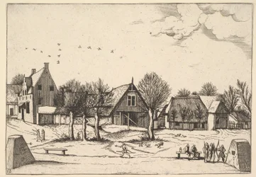 Wieś wiejska, na pierwszym planie łucznicy z Multifariarum casularum ruriumque linea..., 1559-61.