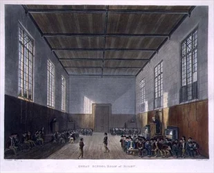 Wielka Sala Szkolna Rugby, z „Historii Szkoły Rugby”, część „Historii Kolegiów”, rycina Daniela Havella (1785-1826) wyd. przez R. Ackermanna